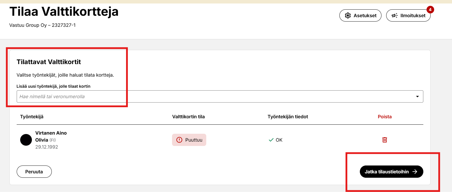 Valttikortin tilaaminen
